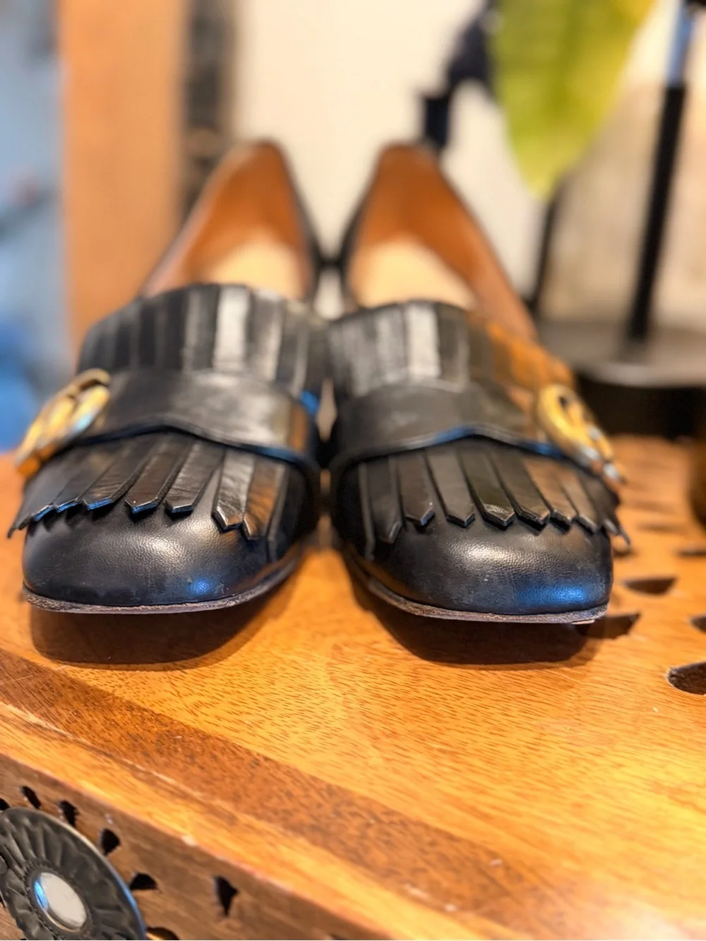 Gucci Black Leather Kiltie Loafers with Gold Double G size 7